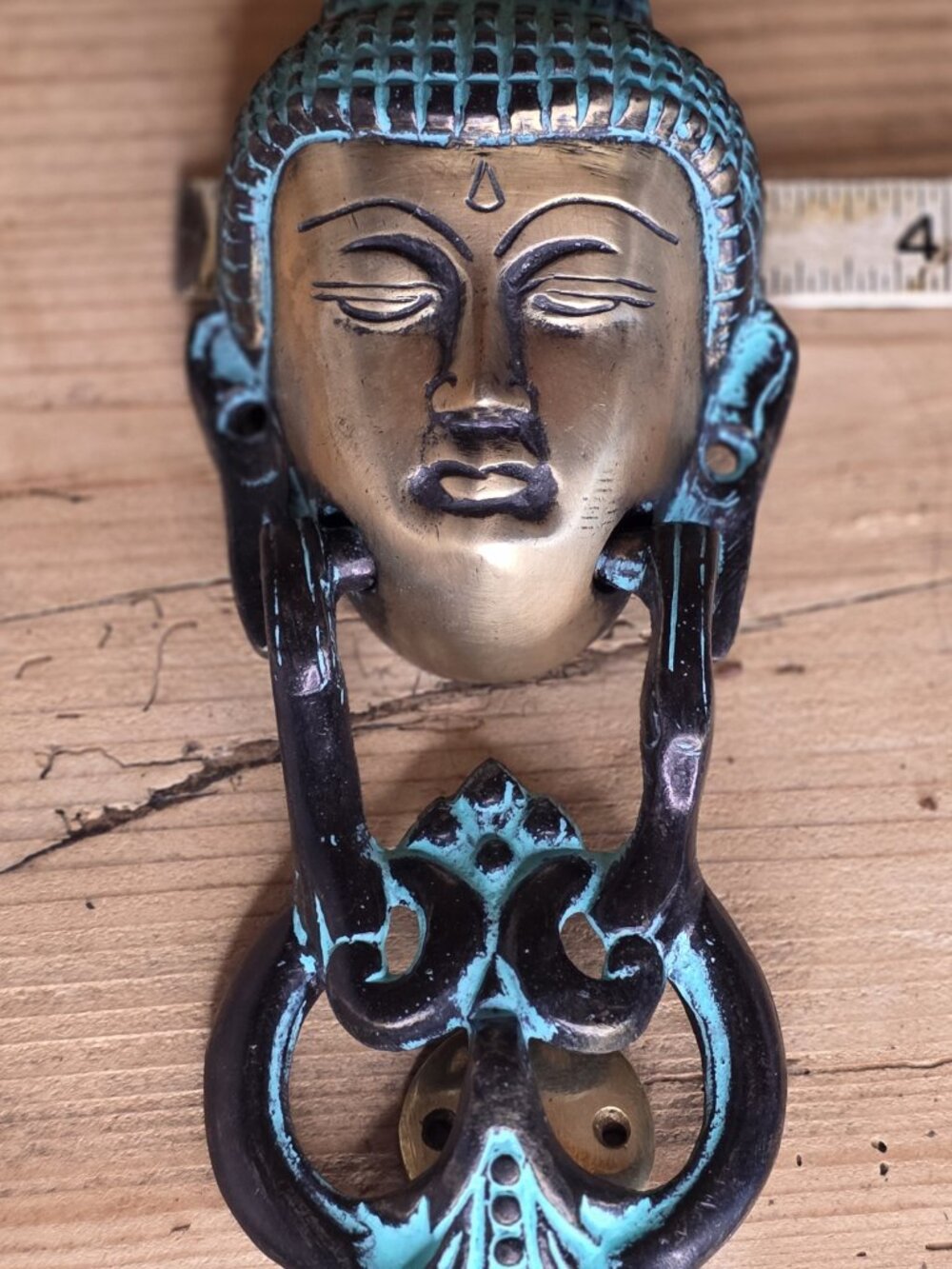 Buddha Metal Door Knocker Ring w/ Backplate Antique Finish Black/Blue - Picture 3 of 3
